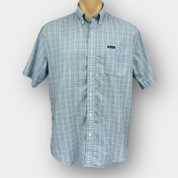Chaps Men’s Easy‑Care Short‑Sleeve Plaid Shirt L/G (2XL Fit) Blue/Grey/Cream - Picture 1 of 7